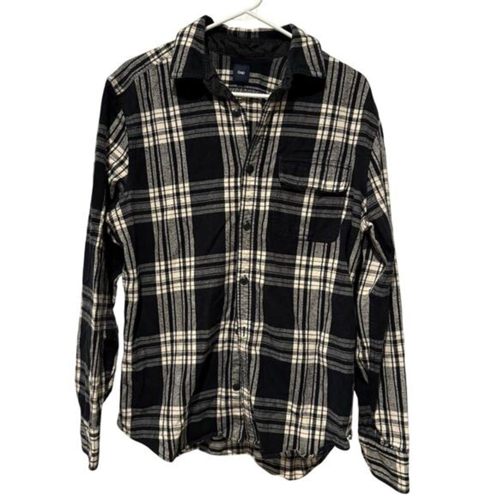 Vtg GAP Retro Flannel Black White Plaid Men's Shirt Sz Medium Warm Y2K Comfort